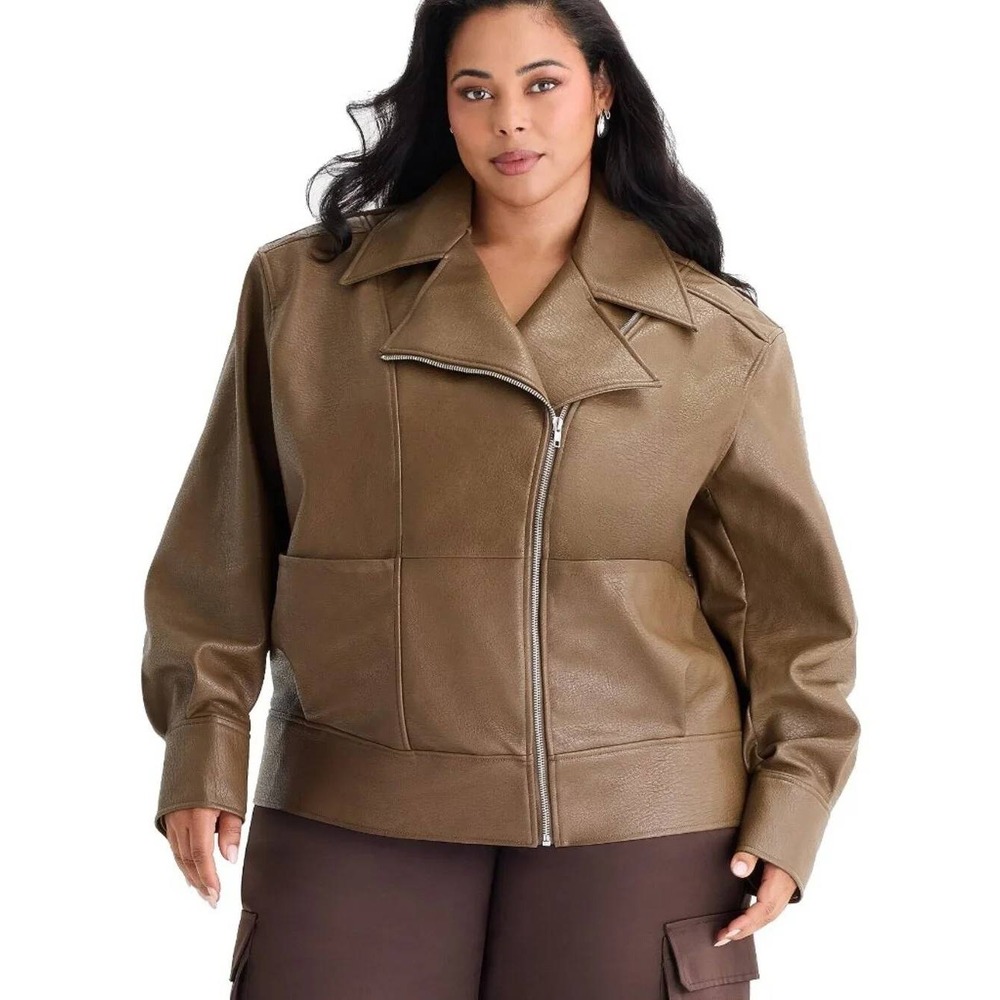Ashley Graham Moto Jacket Womens 3X Brown Faux Leather Asym Zip Oversized Chic